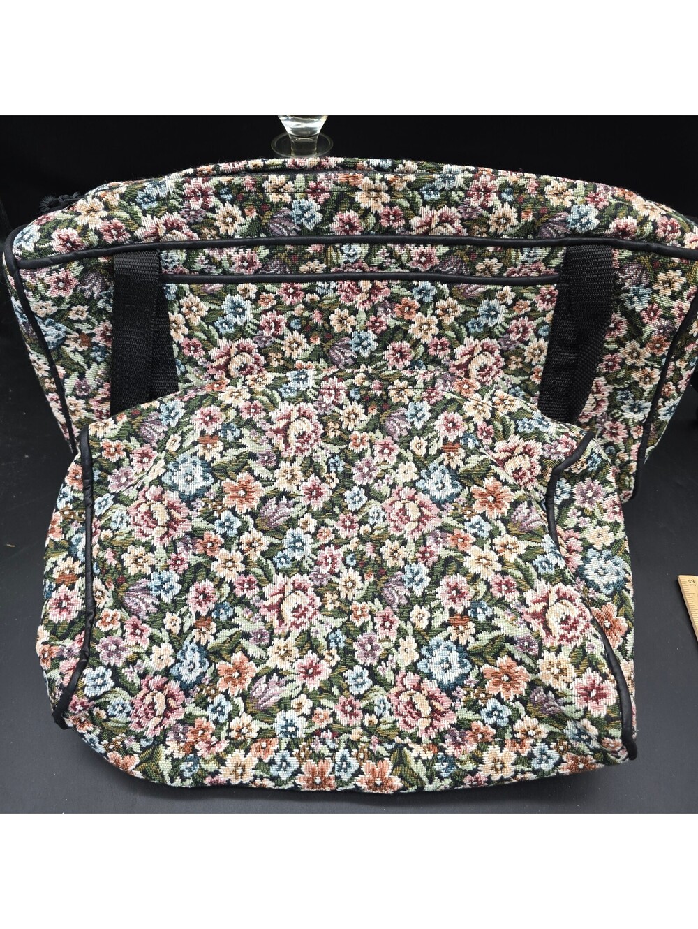 Vintage 90s Floral Tapestry Luggage Set 2 Pc Weekender Travel Bag Cosmetic Pouch